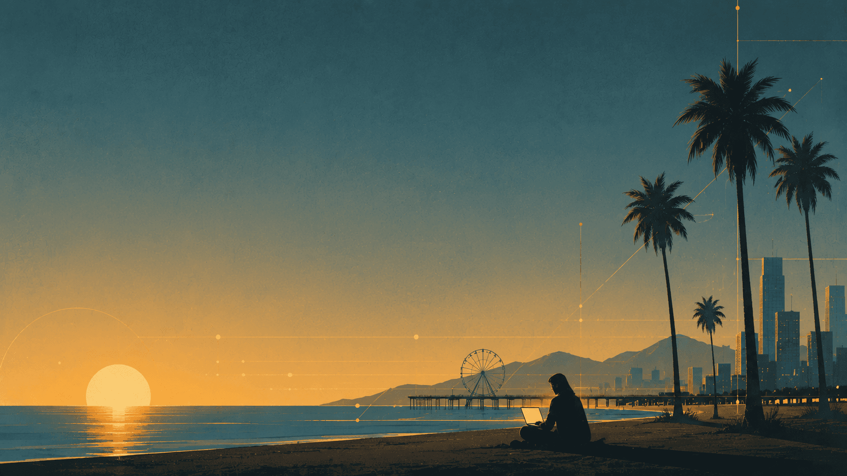 Golden-hour beach scene: a figure works on a laptop as the sun sets over the ocean, pier and city skyline behind